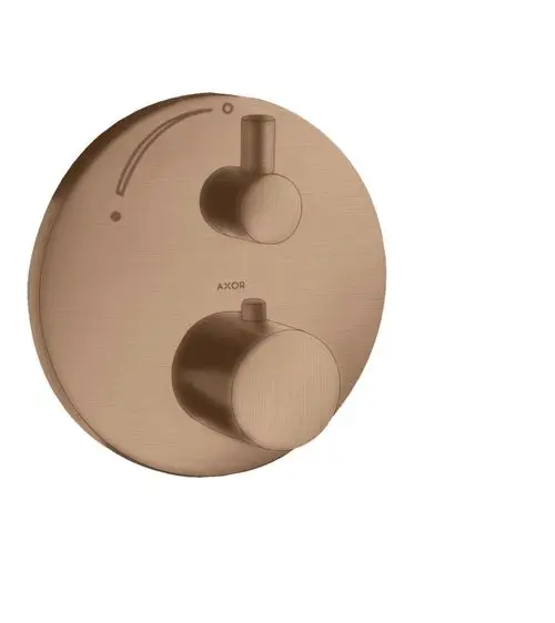 Thermostat mit zwei Bedienelementen, rundem Design und Oberfläche in brushed red gold, montiert auf einer Wand, gefertigt von AXOR.